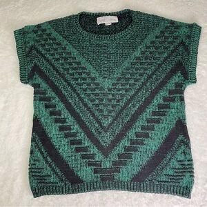 Vintage Kate Collins Knit Sweater Women’s L Green Black Geometric Chevron Retro